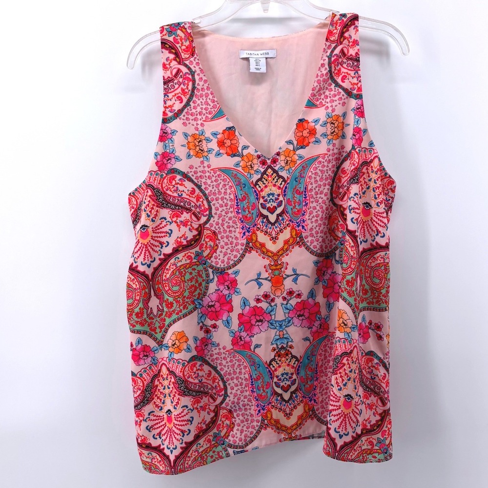 Tabitha Webb Tank Top Women L Pink Paisley‎ Floral V-Neck Sleeveless Blouse
